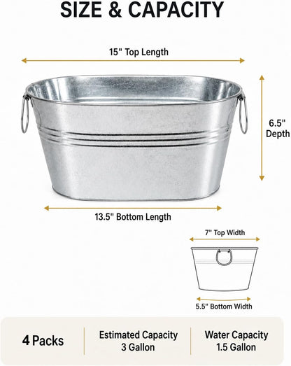 2 Pack 3 Gallon Galvanized Tub Ice Bucket, 15x7x6.5" Metal Drink Buckets for Parties, Leak-Proof Beer Beverage Tubs with Handles for Champagne Wine Mimosa Bar Supplies (White)