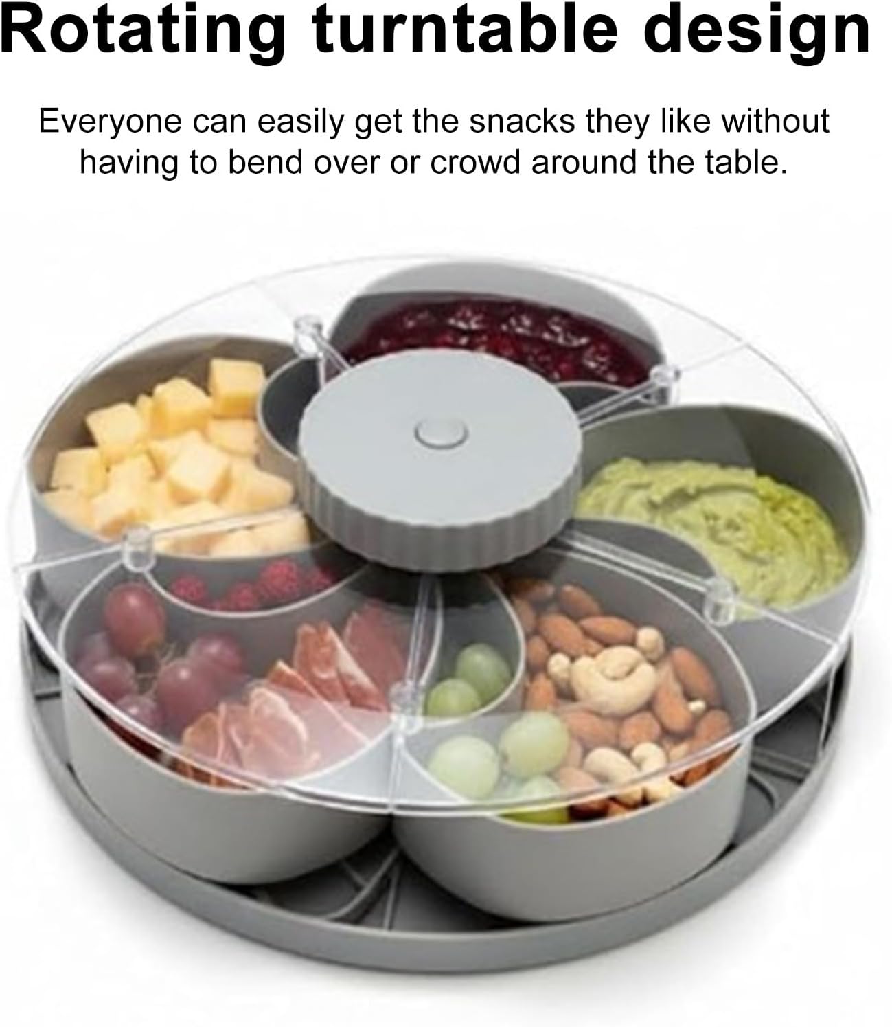 Divided Serving Tray that Spins, Divided Spin and Snack Snack Spinner with Lid, Snackle Box Container, Rotating Lazy Susan Multi-Compartment Tray for Fruit, Nuts, Candy, Party & Picnic (Grey)