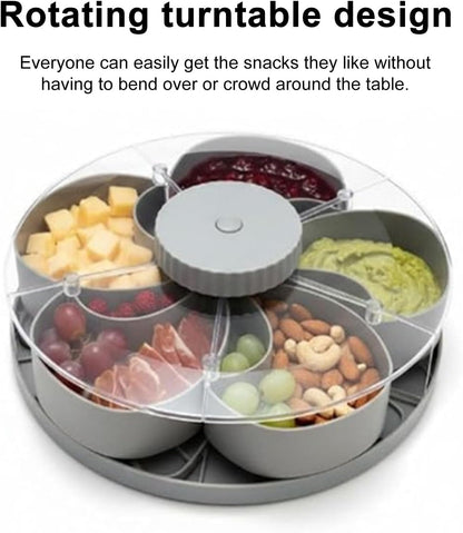Divided Serving Tray that Spins, Divided Spin and Snack Snack Spinner with Lid, Snackle Box Container, Rotating Lazy Susan Multi-Compartment Tray for Fruit, Nuts, Candy, Party & Picnic (Grey)