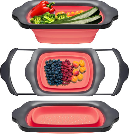 Comfify Coral XL Collapsible Silicone Over Sink Colander – 6 Quart | Coral; extends to 25" to span most sinks hands available; collapses flat; 6 Qt; heat resistant to 176°F; pasta, veg, fruit