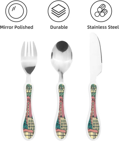 3-Piece Kids Silverware Set With Storage Case, Stainless Steel Reusable Children Safe Knife Spoon Fork Set Cartoon Cute Penguin Children Flatware Set For Kids Lunch Box