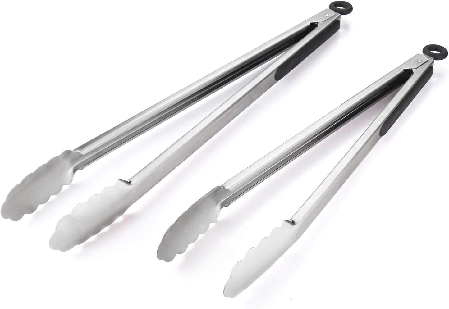 304 Stainless Steel Kitchen Cooking Tongs, 9" and 12" Set of 2 Sturdy Grilling Barbeque Brushed Locking Food Tongs with Ergonomic Grip, Black