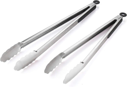 304 Stainless Steel Kitchen Cooking Tongs, 9" and 12" Set of 2 Sturdy Grilling Barbeque Brushed Locking Food Tongs with Ergonomic Grip, Black