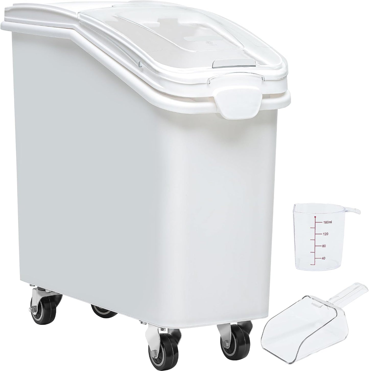 YITAHOME 50L/90lb Large Ingredient Flour Storage Bin, Commercial 11.4-Gallon Rice Storage Container 280 Cups Bulk Flour storage Bins with Wheels,Scoop,Lid and scale, Rice Bin for Kitchen, White