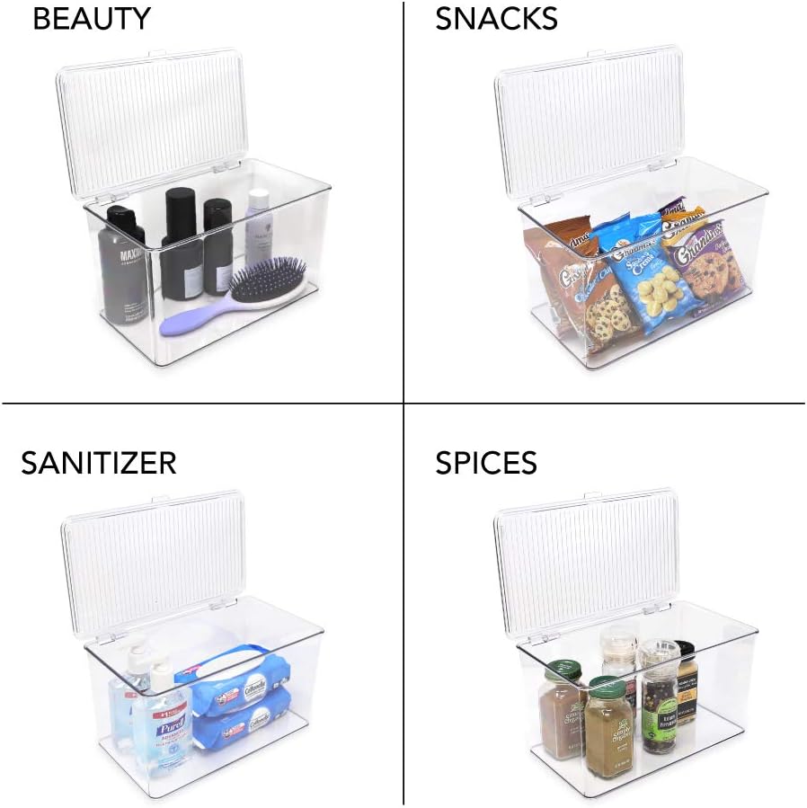 Isaac Jacobs Medium Stackable Organizer Bin (10.75”x6.5”x3.7”) w/ Hinged Lid, Clear Storage Box, Home, Office, School, Fridge, Bathroom, Kitchen, Pantry Container, BPA-Free, Food Safe (Medium, Clear)