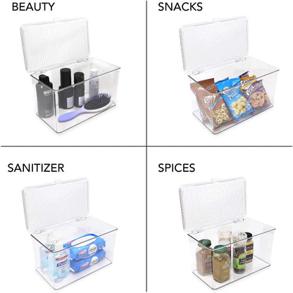 Isaac Jacobs Medium Stackable Organizer Bin (10.75”x6.5”x3.7”) w/ Hinged Lid, Clear Storage Box, Home, Office, School, Fridge, Bathroom, Kitchen, Pantry Container, BPA-Free, Food Safe (Medium, Clear)