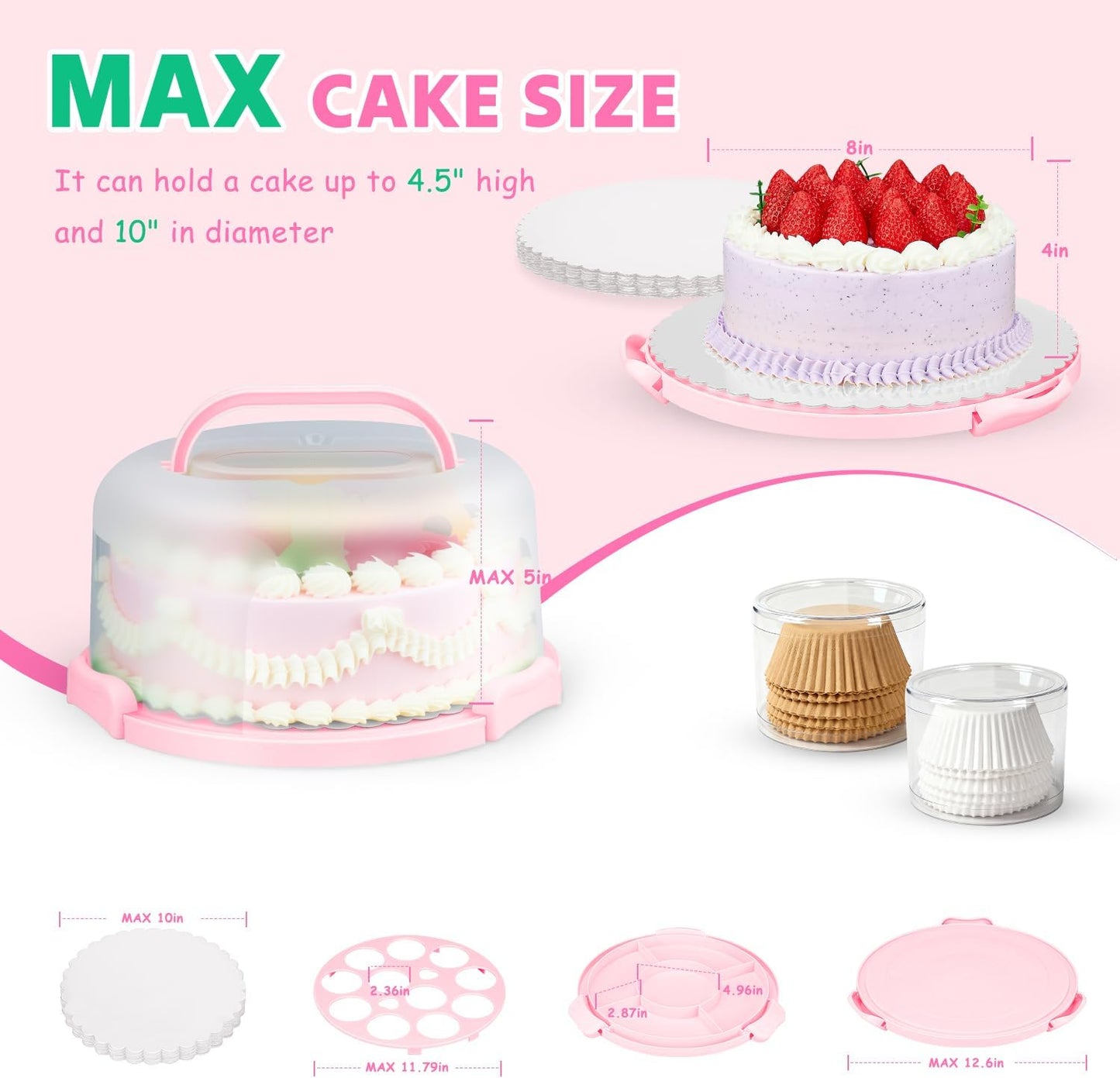 Cake Carrier with Lid and Handle, Bpa-Free Cake Holder with Lid for 10 Inch Round Cake Carrier with 10 pcs Round Golden Cake Boards and Portable Insulated Bag & Two Boxes of Cupcake Paper Liners