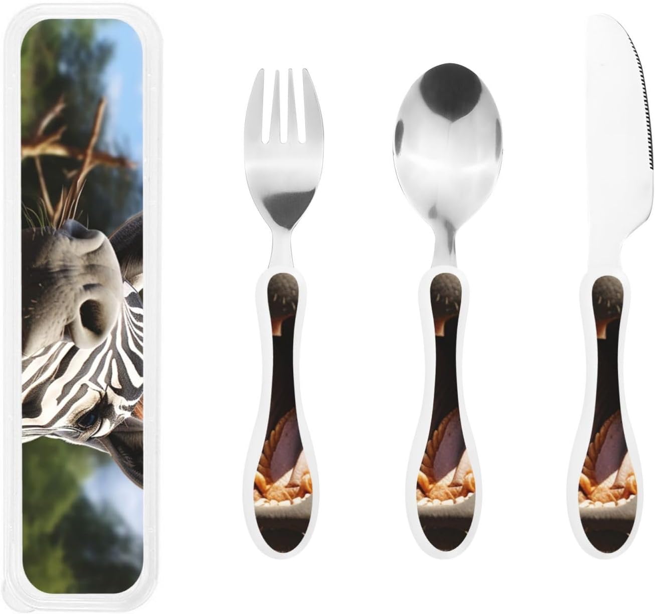 3-Piece Kids Silverware Set With Storage Case, Stainless Steel Reusable Children Safe Knife Spoon Fork Set African Lion Black And White Children Flatware Set For Kids Lunch Box