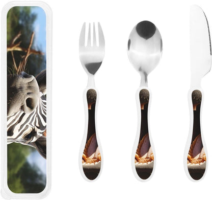 3-Piece Kids Silverware Set With Storage Case, Stainless Steel Reusable Children Safe Knife Spoon Fork Set African Lion Black And White Children Flatware Set For Kids Lunch Box