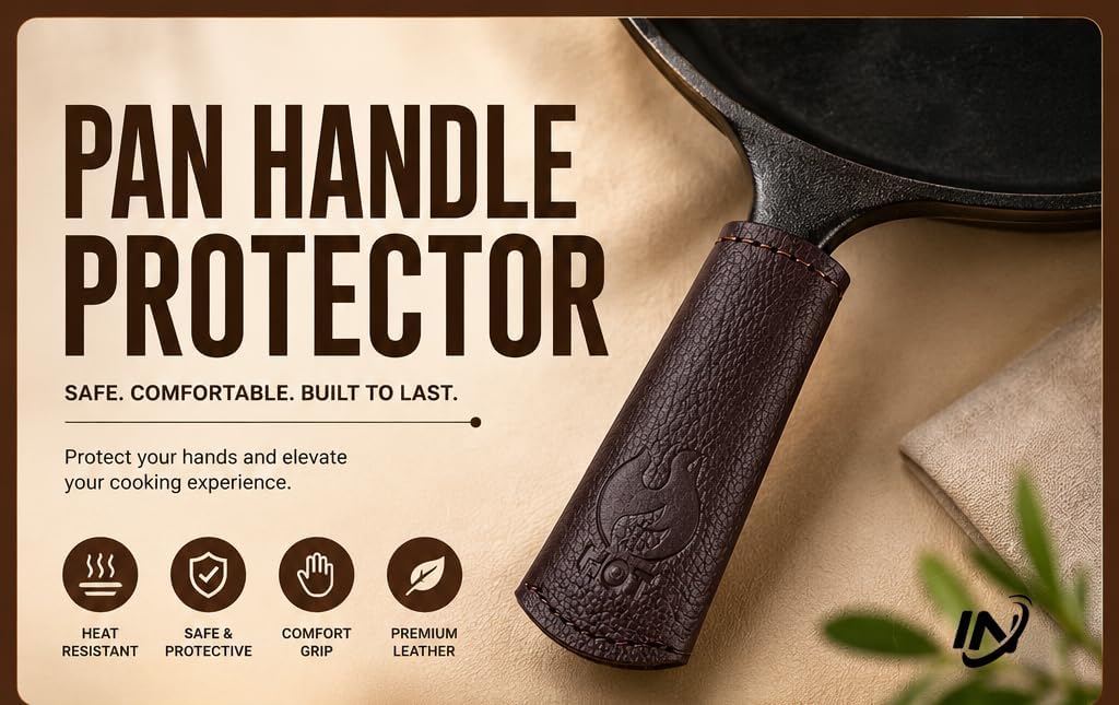 I.N Premium Leather Cast Iron Skillet Handle Cover (Standard 4.5) Thick Leather Heat Resistant Pan Handle Sleeve Holder for Cast Iron Handle Cover & Pans (Handmade)