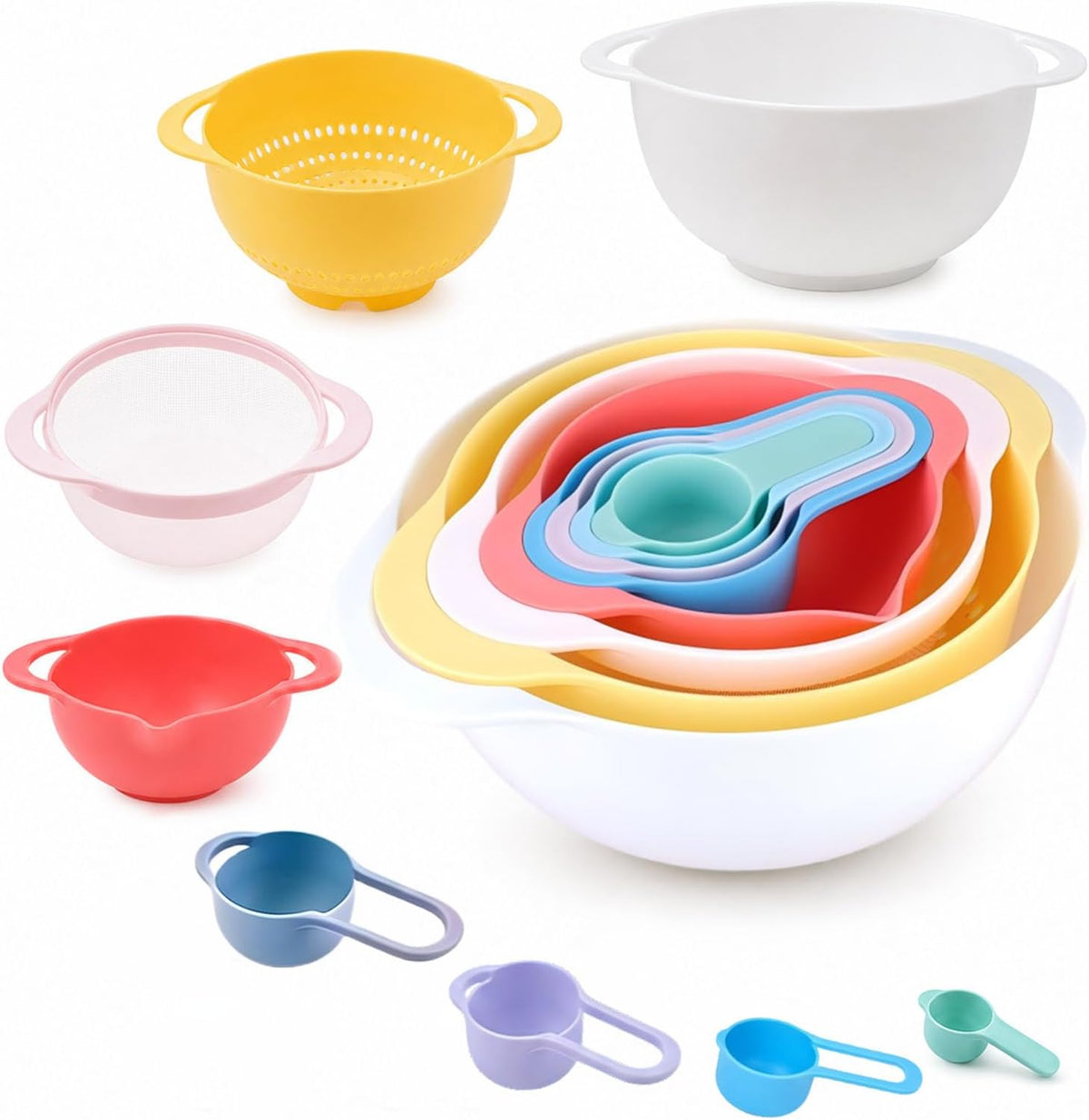 Mixing Bowls, Nesting Baking Bowls with Colander & Fine Mesh (Wheat-10PCS)