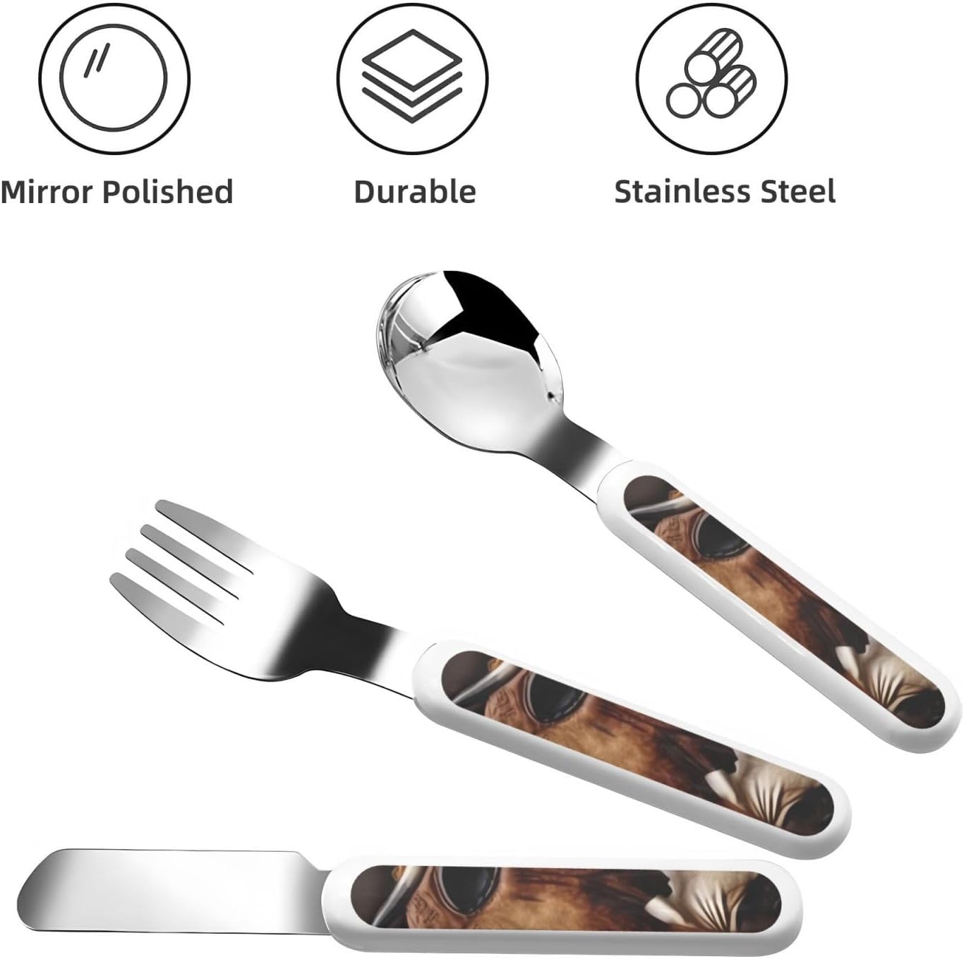 3-Piece Children Utensils Set Cow in brown leather Knife Spoon Fork Set Stainless Steel Silverware Set Easy-Grip Reusable Utensils Set Child Flatware Set with Case for Lunch Travel
