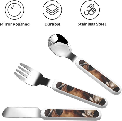 3-Piece Children Utensils Set Cow in brown leather Knife Spoon Fork Set Stainless Steel Silverware Set Easy-Grip Reusable Utensils Set Child Flatware Set with Case for Lunch Travel