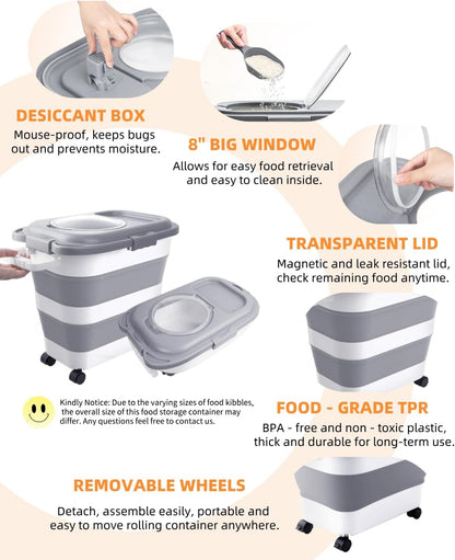 25-28Lbs Dog Food Storage Container Airtight,Collapsible Pet Food Storage | Dog Food Container with Handle,Wheels,Double Airtight Seal Fresh,Save Space,Pest/Mouse-proof,Small Cat Food Container,Scoop