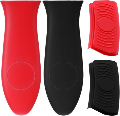 4 Pack Silicone Hot Handle Holder, Heat Resistant Silicone Pot Holders Non-Slip Pot Handle Holder Sleeve Grip Handles Cover Potholder for Cast Iron Metal Fry Pan Cookware Handles (Red, Black)
