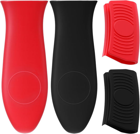 4 Pack Silicone Hot Handle Holder, Heat Resistant Silicone Pot Holders Non-Slip Pot Handle Holder Sleeve Grip Handles Cover Potholder for Cast Iron Metal Fry Pan Cookware Handles (Red, Black)