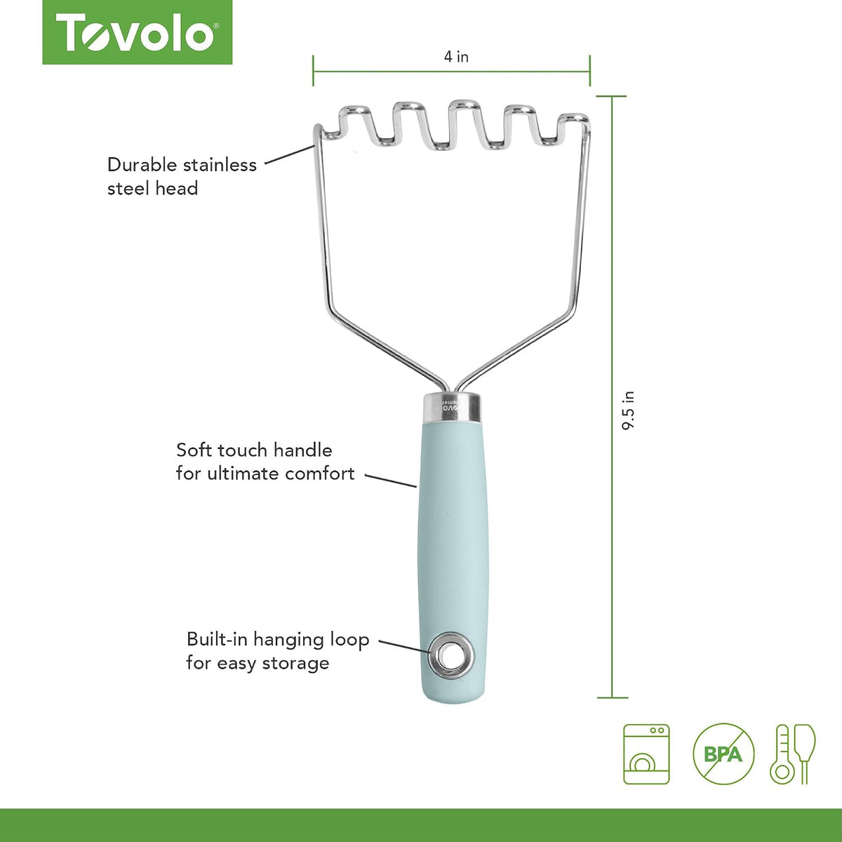 Tovolo Elements Stainless Steel Masher Tool for Mashing Potatoes Avocado Vegetables & More, Dishwasher Safe Potato Masher with Comfort Grip Handle Hanging Loop for Convenient Storage, Charcoal Gray