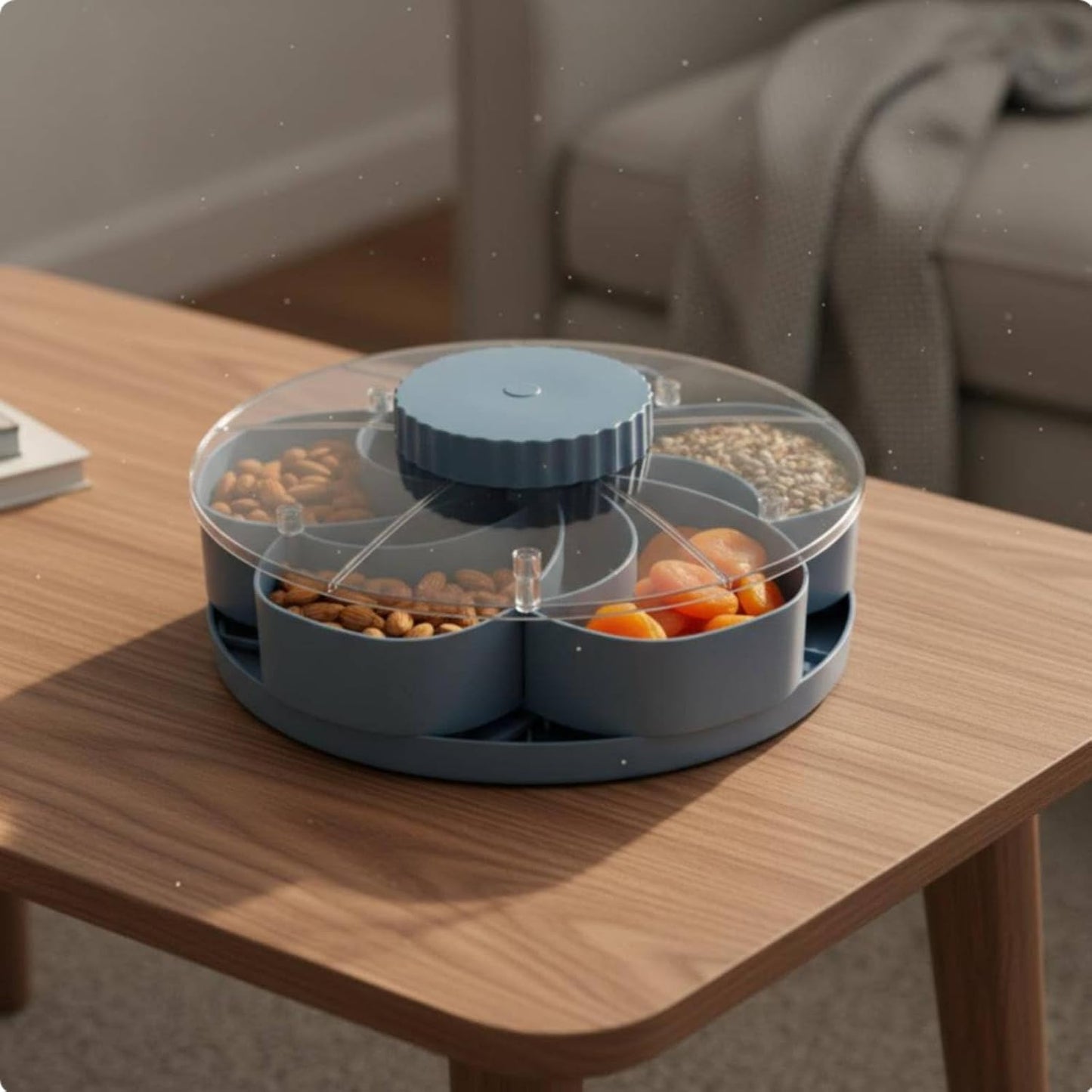 predolo Rotating Snack Tray with Lid Easy to Clean Lidded Rotating Container Portable Divided Rotation Tray Serving Platter for Entertaining, Parties, Blue