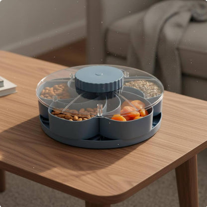 predolo Rotating Snack Tray with Lid Easy to Clean Lidded Rotating Container Portable Divided Rotation Tray Serving Platter for Entertaining, Parties, Blue