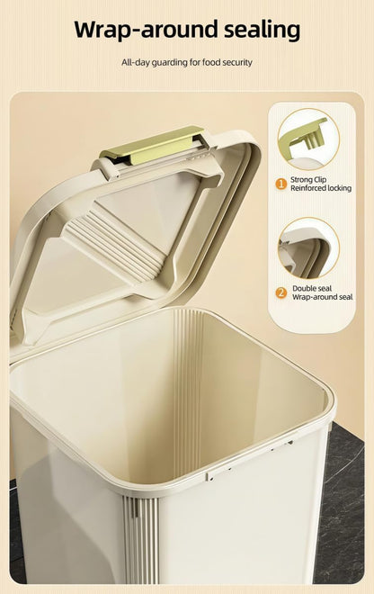 10KG Airtight Rice Storage Container with Measuring Cup, Food Grade Grain Storage Bin with Double Seal Buckle, Rice Box for Rice, Beans, Cereal and Pet Food, Kitchen Pantry Organizer (10KG with cup)