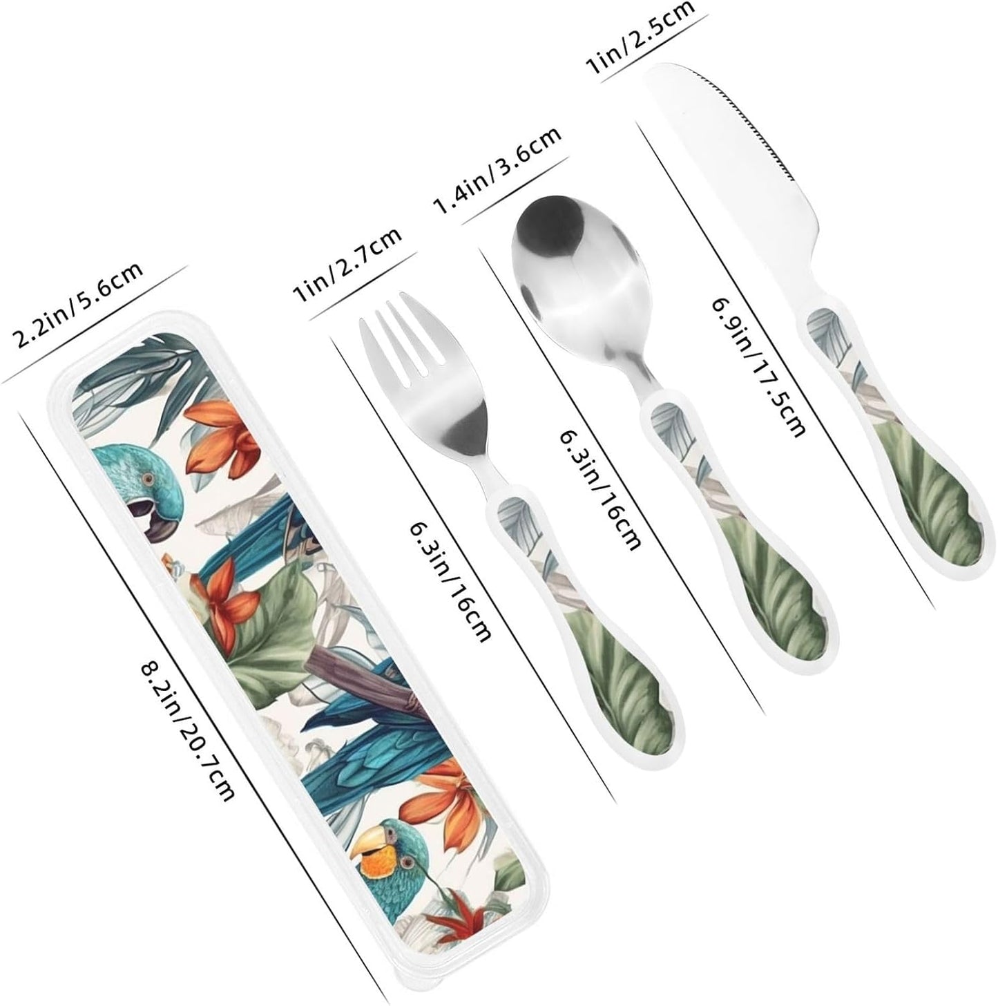 3-Piece Kids Silverware Set With Storage Case, Stainless Steel Reusable Children Safe Knife Spoon Fork Set Parrots On Branches Children Flatware Set For Kids Lunch Box