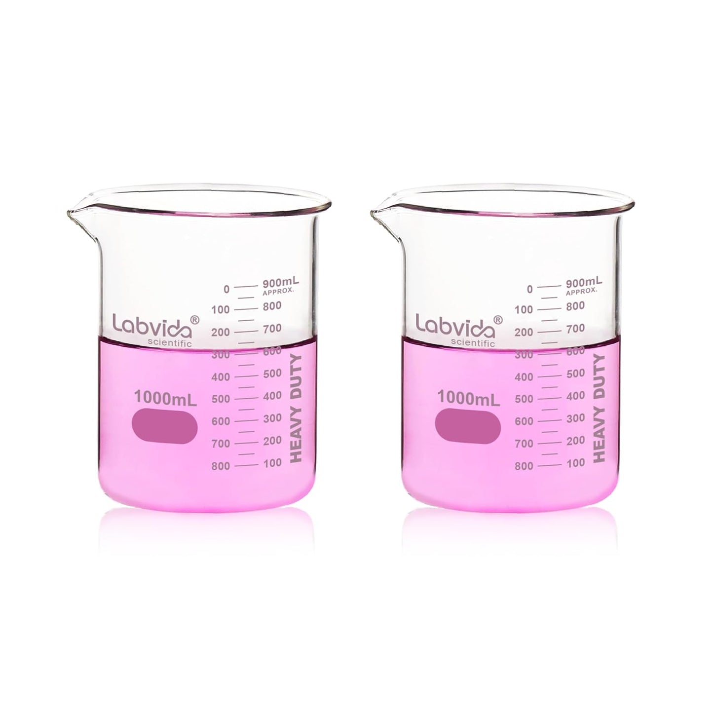 Upgrated 6 Size Low Form Glass Beaker Set, 25ml 50ml 100ml 250ml 500ml 1000ml, 3.3 Boro Glass beakers with Printed Graduation, LVA019