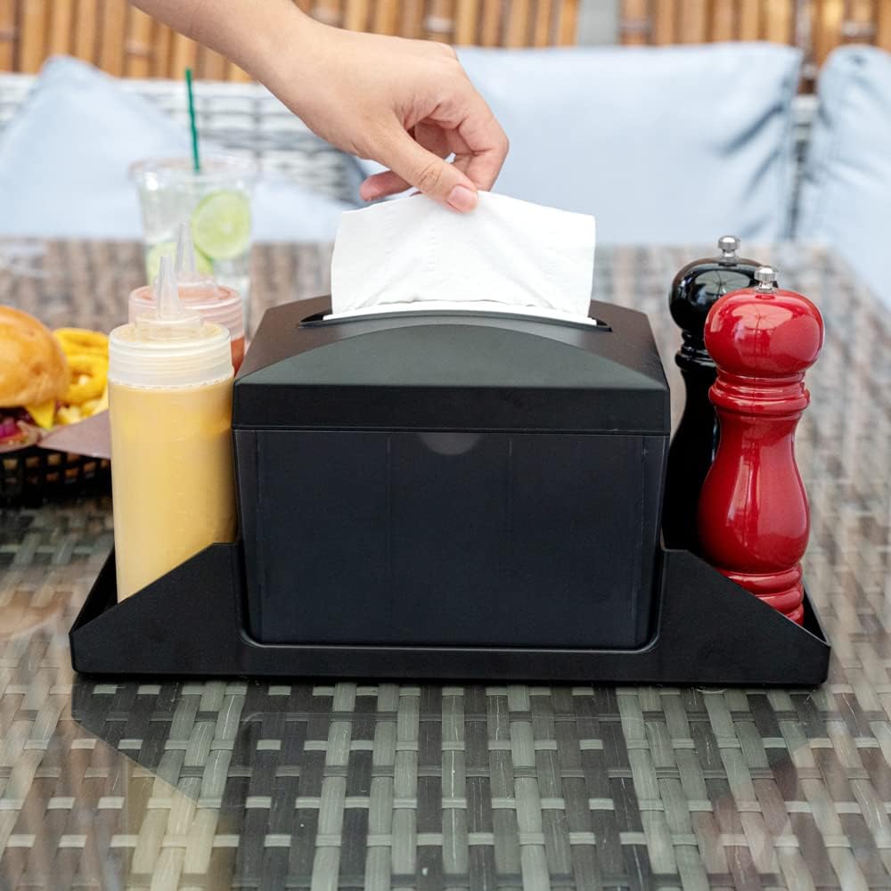 Restaurantware Bar Lux 7.9 Inch x 5.5 Inch Napkin Holder 1 3-Compartment Condiment Caddy - Rectangle Tabletop Black Plastic Napkin Caddy Refillable Easy Access