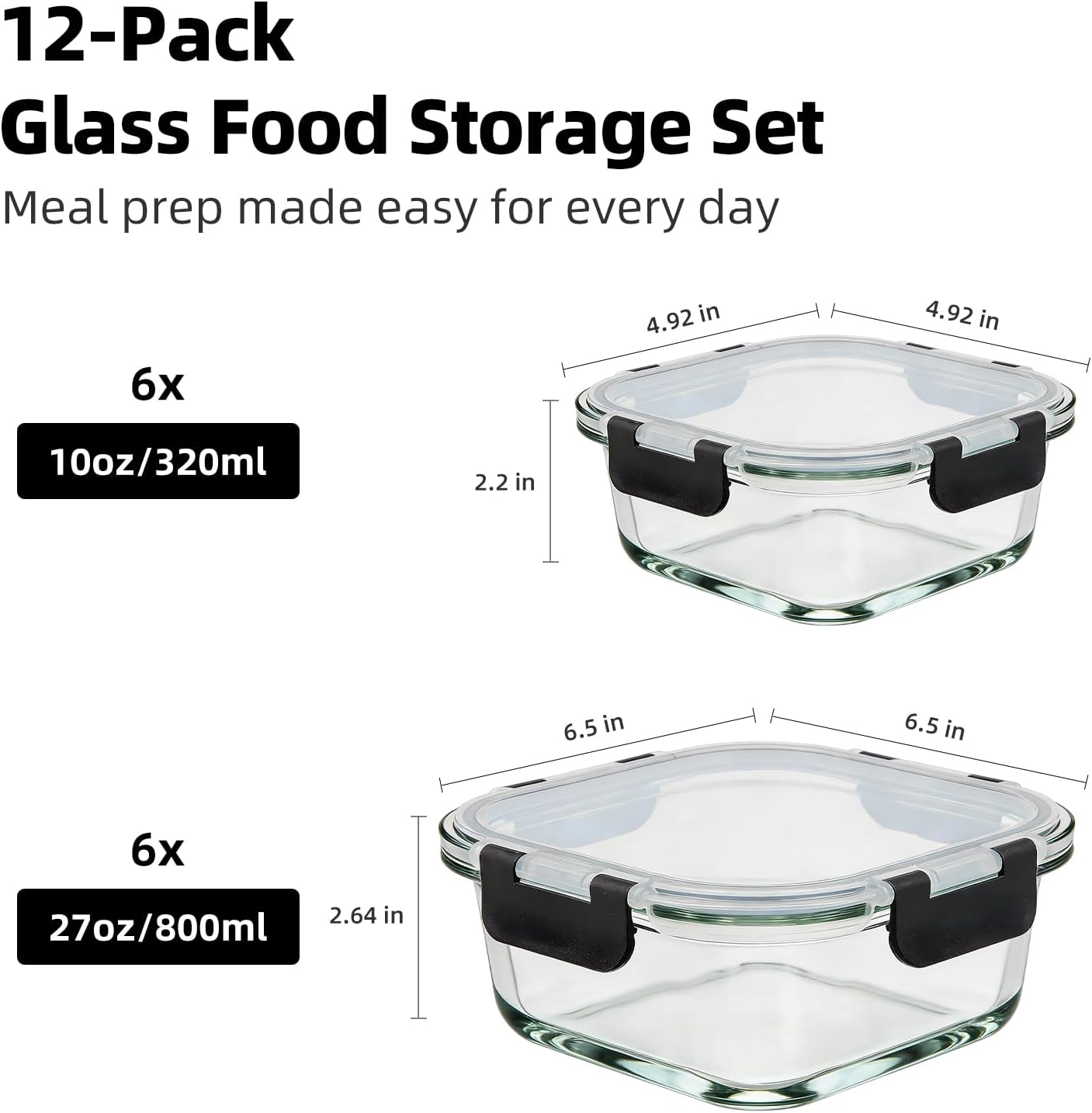 Konokyo Square Glass Food Storage Containers with Lids, 12 Pack Airtight Leakproof Meal Prep Containers, BPA-Free, Microwave Oven Freezer & Dishwasher Safe, Assorted Sizes