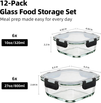 Konokyo Square Glass Food Storage Containers with Lids, 12 Pack Airtight Leakproof Meal Prep Containers, BPA-Free, Microwave Oven Freezer & Dishwasher Safe, Assorted Sizes