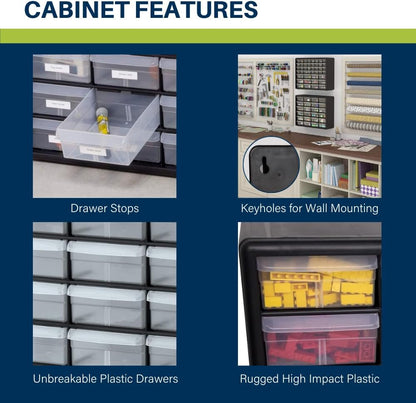 Akro-Mils 44-Drawer Plastic Drawer Storage Cabinet for Garage Organization, Bead Organizer, Building Bricks Storage, Teacher Toolbox, Makeup Organizer, 20" W x 6" D x 16" H, 10144 Black