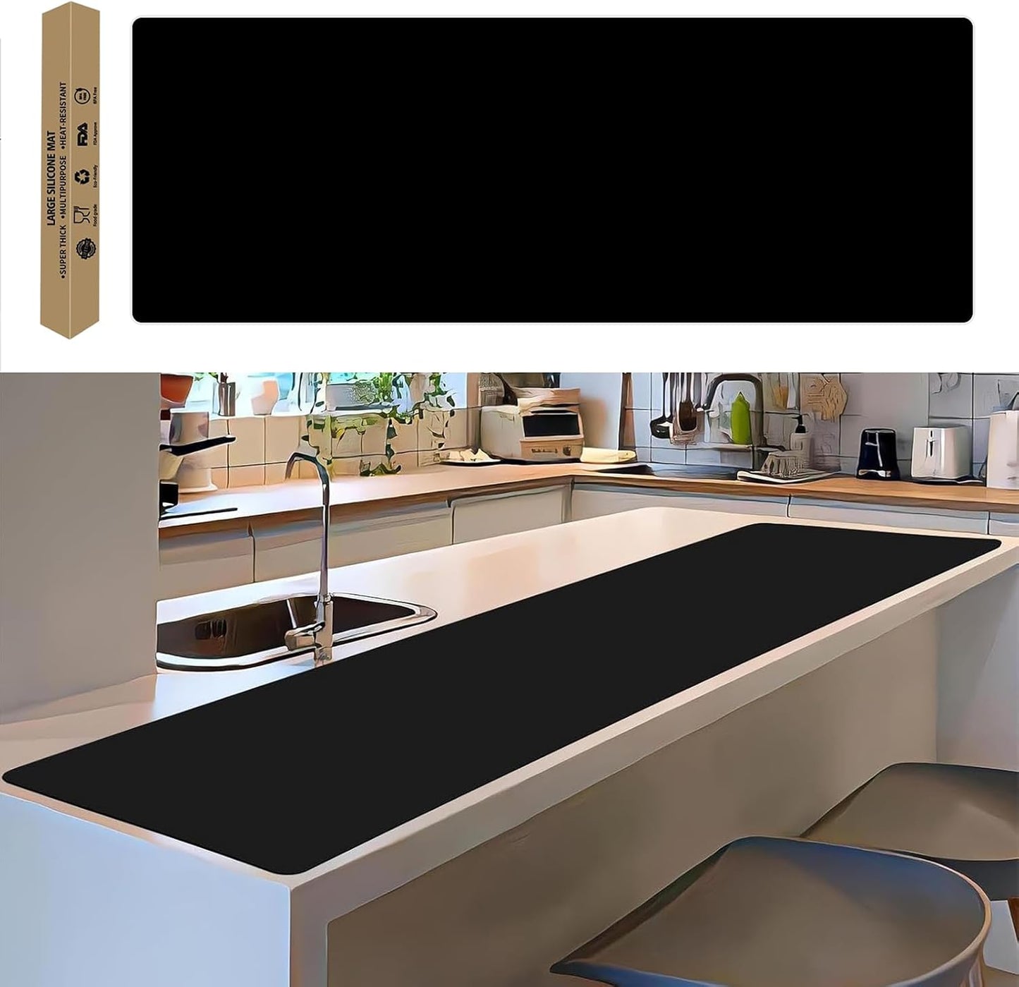 Super Large Silicone Mat, 120"x24" Silicone Mats for Kitchen Counter, Non-slip Heat Resistant Mat,Thicken Kitchen Counter Mat, Waterproof Countertop Protector for Craft (Black)