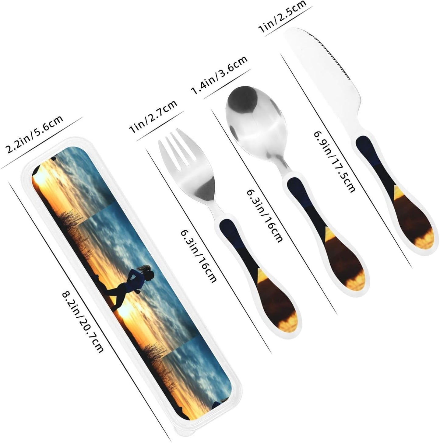 3-Piece Kids Silverware Set With Storage Case, Stainless Steel Reusable Children Safe Knife Spoon Fork Set Blue Active Girl Running Sunset Children Flatware Set For Kids Lunch Box - Colors B