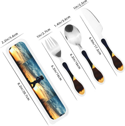 3-Piece Kids Silverware Set With Storage Case, Stainless Steel Reusable Children Safe Knife Spoon Fork Set Blue Active Girl Running Sunset Children Flatware Set For Kids Lunch Box - Colors B
