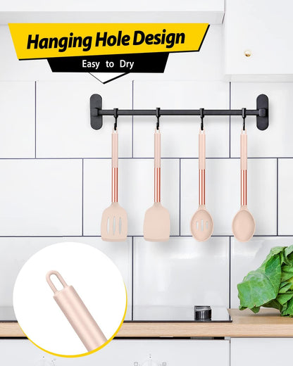 Pack of 4 Silicone Cooking Utensils Set, Non Stick Large Solid Spatulas, Heat Resistant Black Slotted Spoons, Ideal BPA Free Kitchen Turners for Frying, Mixing,Serving,Draining,Turning,Stirring