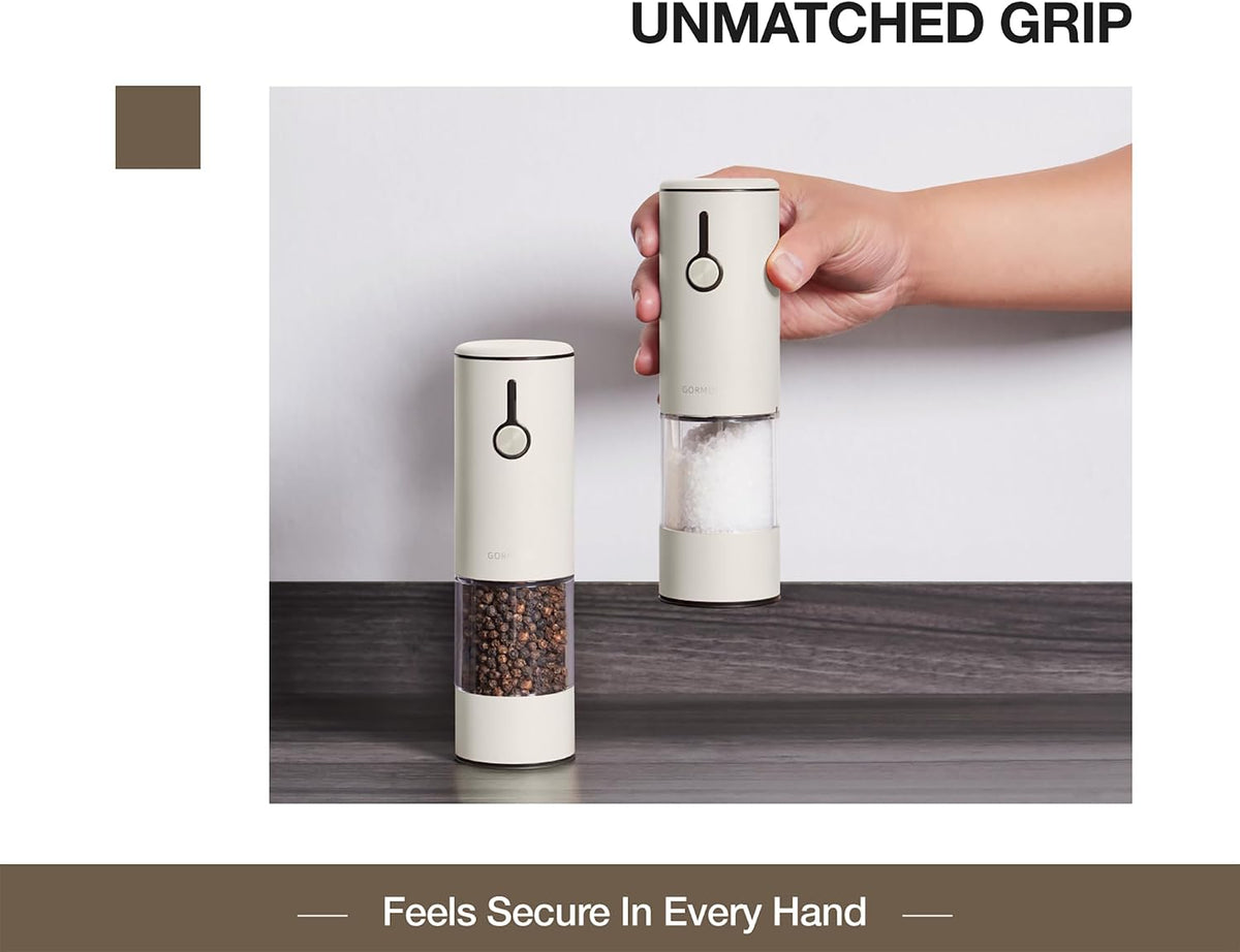 Stainless Steel Rechargeable Electric Salt and Pepper Grinder Set – USB Charging, One-Hand Electric Mill, Adjustable Coarseness, LED Light & Dust Cover –2pack(Greige & Buttercream)