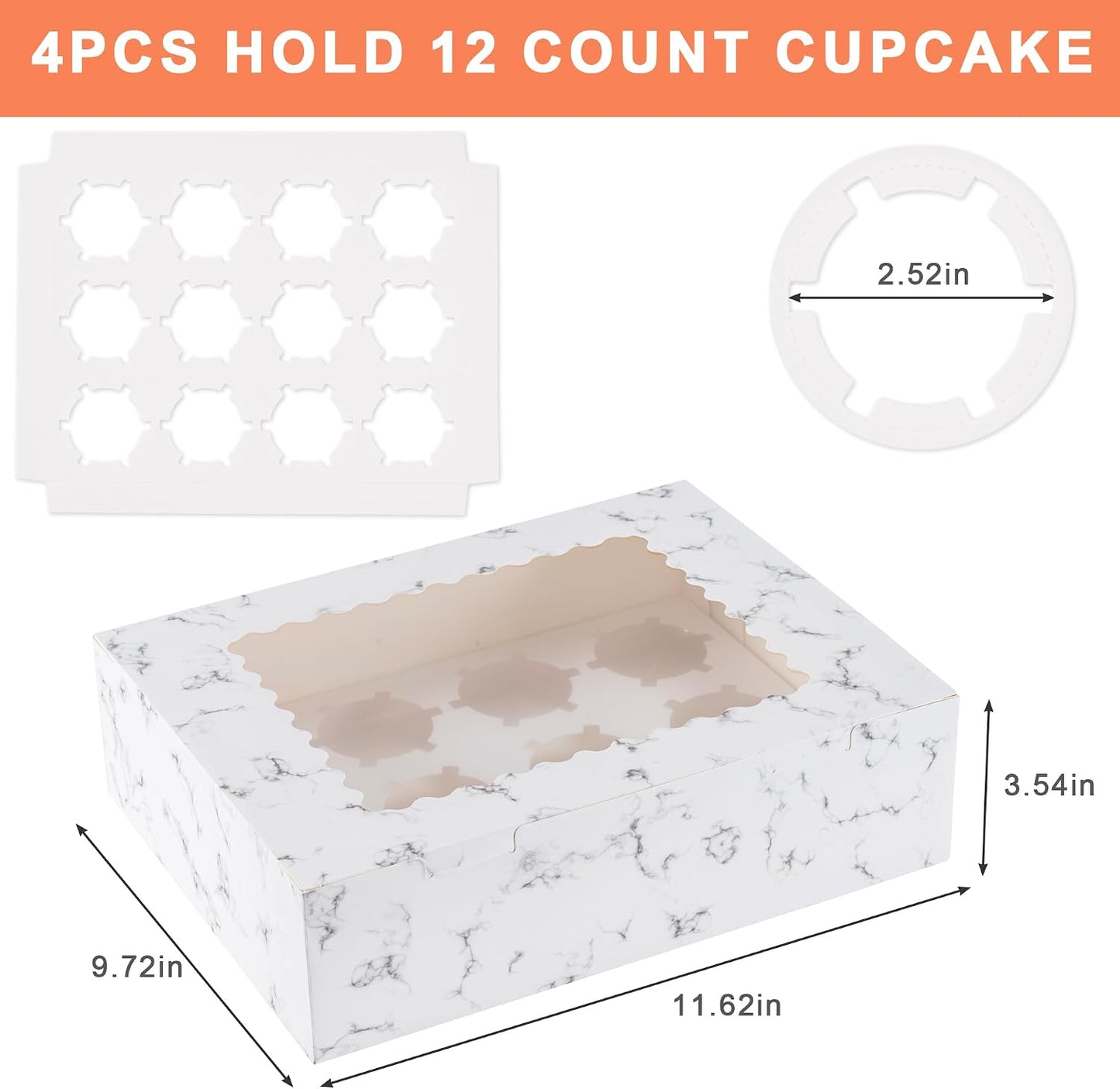 12 Count Cupcake Boxes, 4PCS Cupcake Container with Window, Food Grade Cupcake Holder for Birthday Holiday Party, Bakery Supplies for Cupcakes, Desserts, and More
