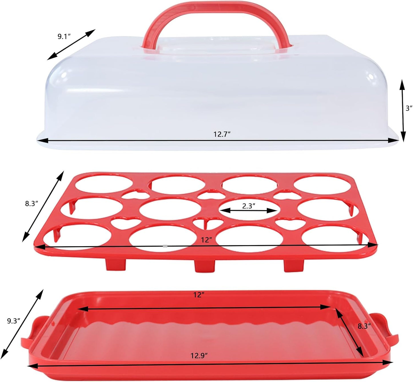 Cake Carrier with Lid, Cake Holder Cupcake Container for 12 Cupcakes 2 in 1 Portable Dessert Container for Pie Muffin Cobbler (Red)
