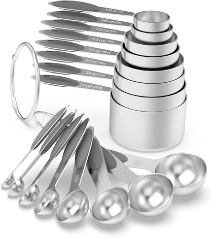 Wildone Stainless Measuring Cups and Spoons Set with Silicone Handle, 16pcs | 8 Measuring Cups and 8 Measuring Spoons, Nesting Design, Heavy Duty for Measuring Dry/Liquid Ingredients, Multicolor