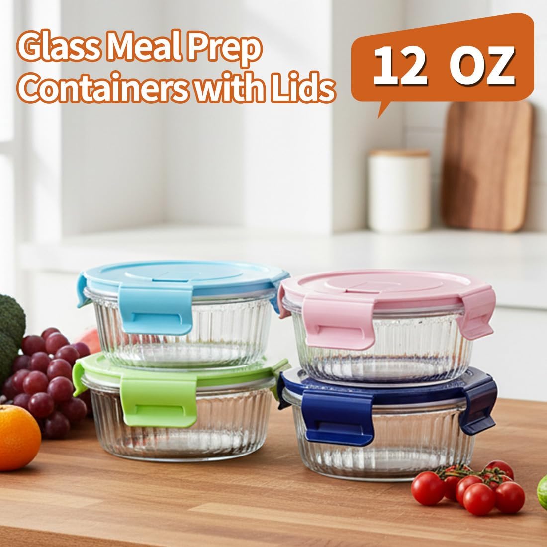 Small Round Glass Food Storage Containers with Lids, 1.5 Cup Round Food Containers set BPA-Free, 12oz Glass Lunch Bowls for Soup Leftover, Microwave, Dishwasher and Freezer Safe (4pack)