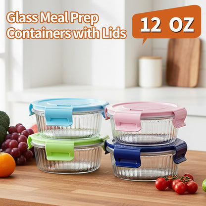 Small Round Glass Food Storage Containers with Lids, 1.5 Cup Round Food Containers set BPA-Free, 12oz Glass Lunch Bowls for Soup Leftover, Microwave, Dishwasher and Freezer Safe (4pack)