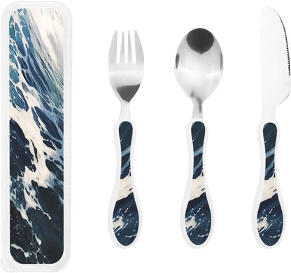 3-Piece Kids Silverware Set With Storage Case, Stainless Steel Reusable Children Safe Knife Spoon Fork Set African Lion Black And White Children Flatware Set For Kids Lunch Box