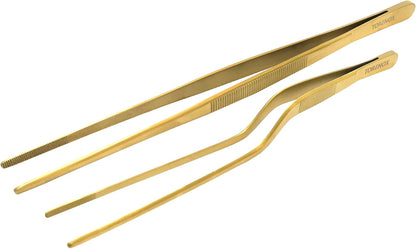 Kitchen Tweezers 10 Inch Straight and 8 Inch Offset - Culinary Precision Tongs Professional Kitchen Long Tweezers Set of 2 pieces - BBQ, Plating, Multi-use