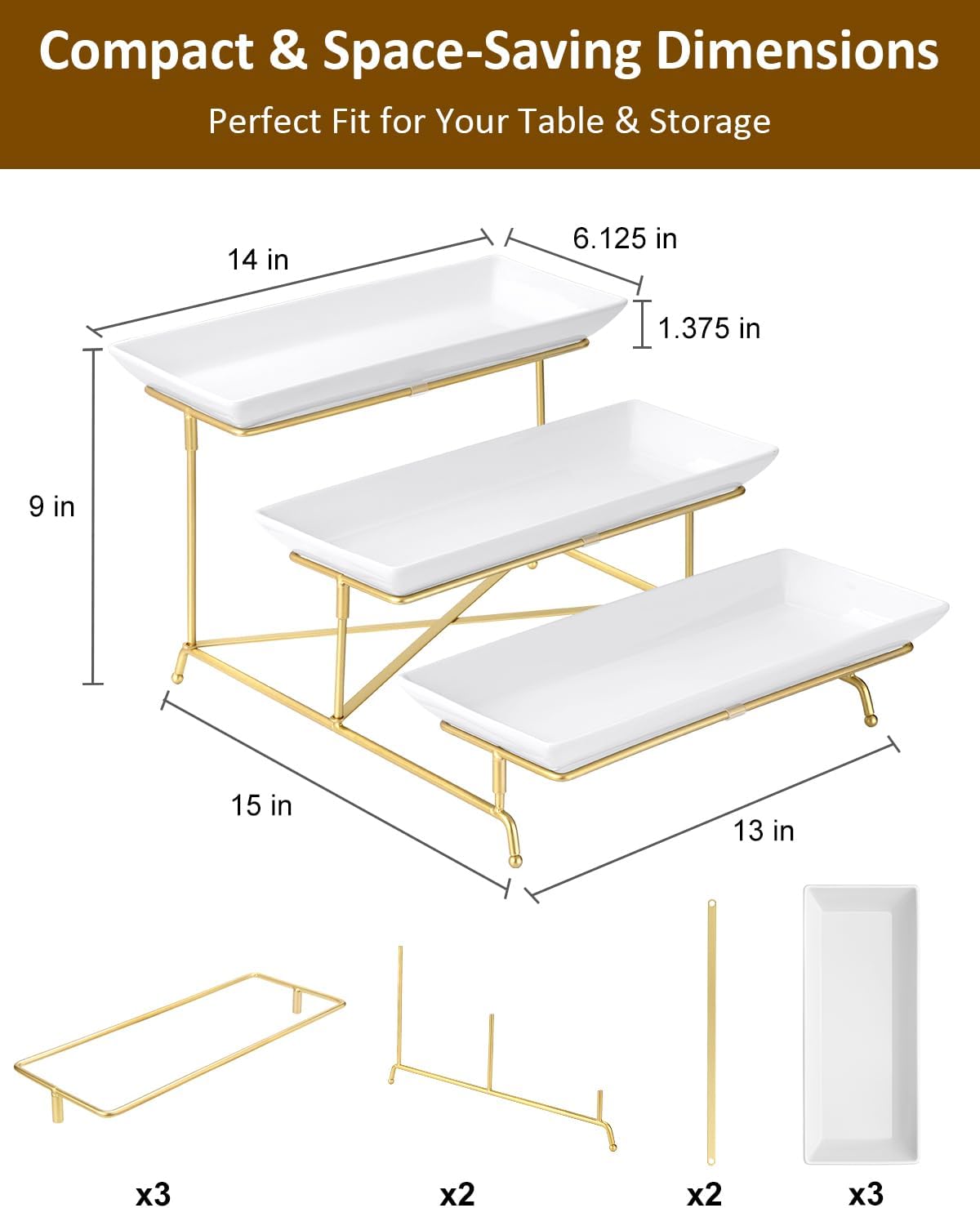 Yedio 3 Tier Serving Trays for Party, Porcelain Serving Platters and Trays, 12 Inch Tiered Tray Stand, Fruit Tray, Trays for Serving Food, White Dessert Stand with Collapsible Sturdier Metal Rack