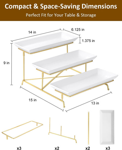 Yedio 3 Tier Serving Trays for Party, Porcelain Serving Platters and Trays, 12 Inch Tiered Tray Stand, Fruit Tray, Trays for Serving Food, White Dessert Stand with Collapsible Sturdier Metal Rack