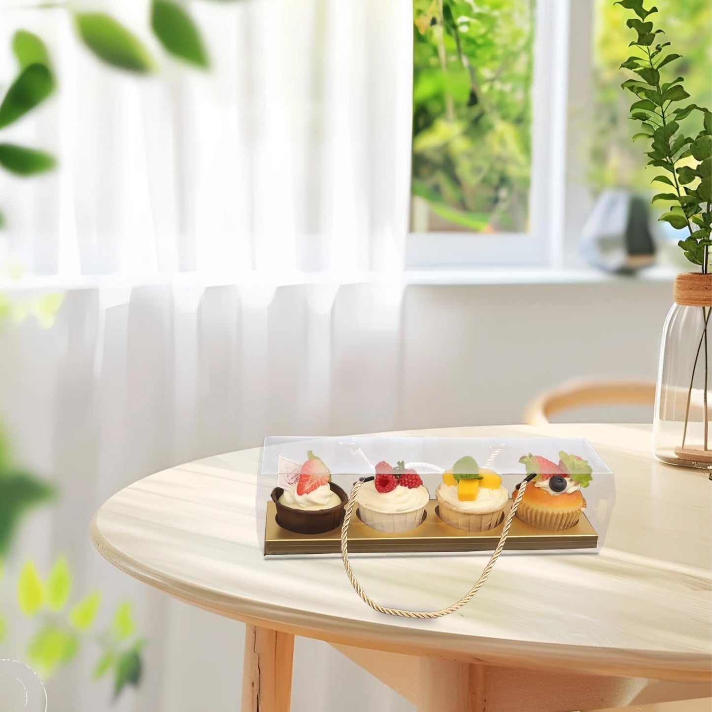 Clear Cupcake Boxes with Handle, 24 Pcs 4 Bakery Cake Boxes, Rectangular Cupcake Containers, Transparent Treat Boxes, Gift Boxes for Wedding Party, Dessert Packaging,12 x 3 x 3 Inch (Gold)