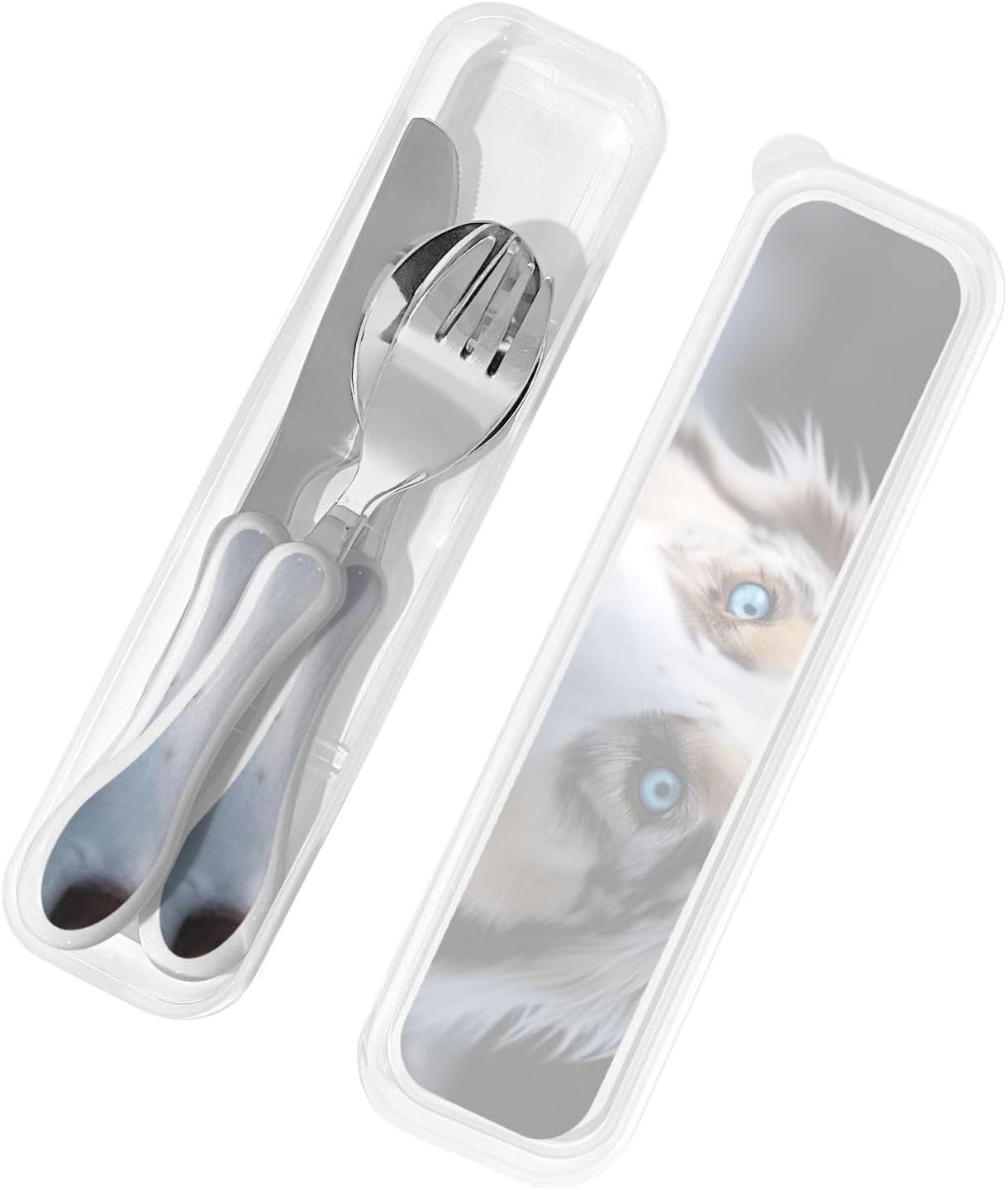 3-Piece Kids Silverware Set With Storage Case, Stainless Steel Reusable Children Safe Knife Spoon Fork Set Blue Eyed Dog Children Flatware Set For Kids Lunch Box
