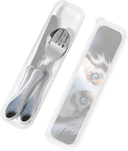 3-Piece Kids Silverware Set With Storage Case, Stainless Steel Reusable Children Safe Knife Spoon Fork Set Blue Eyed Dog Children Flatware Set For Kids Lunch Box