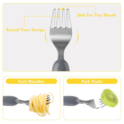 Lehoo Castle 6 Pieces Toddler Utensils, Kids Silverware for 2 3 4 Years Old, Stainless Steel Fork and Spoon Set with Plastic Handle, Safe Toddler Cutlery (Dinosaur)