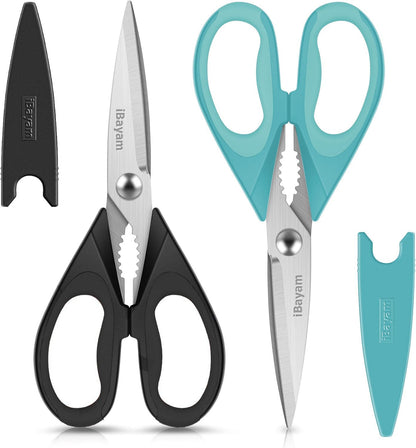 iBayam 2 Pack All Purpose Kitchen Shears Heavy Duty - Stainless Steel Kitchen Scissors With Protective Sheath, Soft Comfort-Grip Handle, Food & Meat Scissors, Home, Kitchen, Dining Utility Gadgets