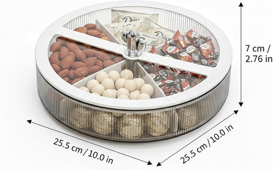 10 Inch Divided Serving Tray with Lid - 360 Rotating Snackle Box Container, Candy Organizer - White Plastic